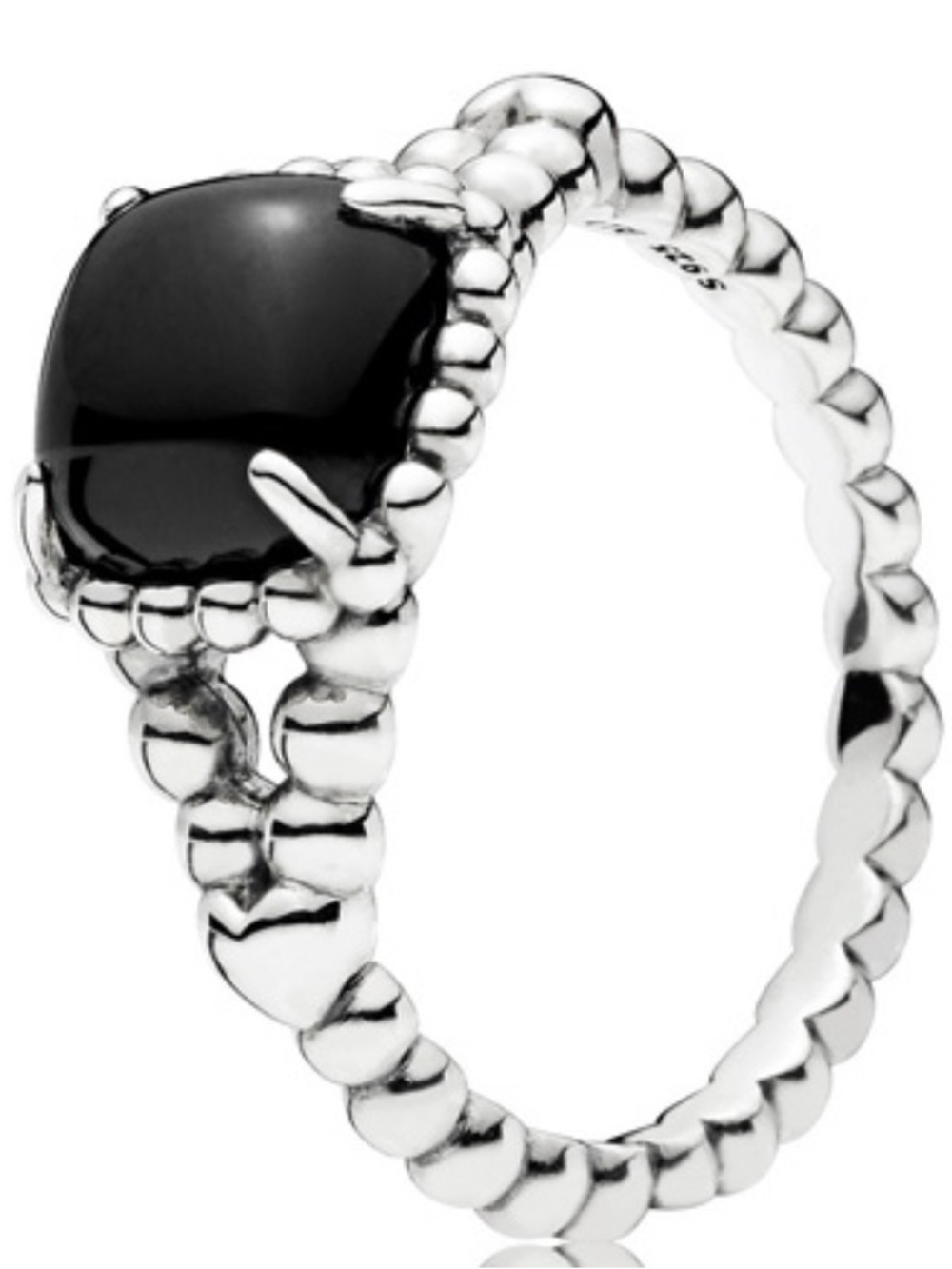 Pandora Silver Beaded Ring with Black Cushion Stone